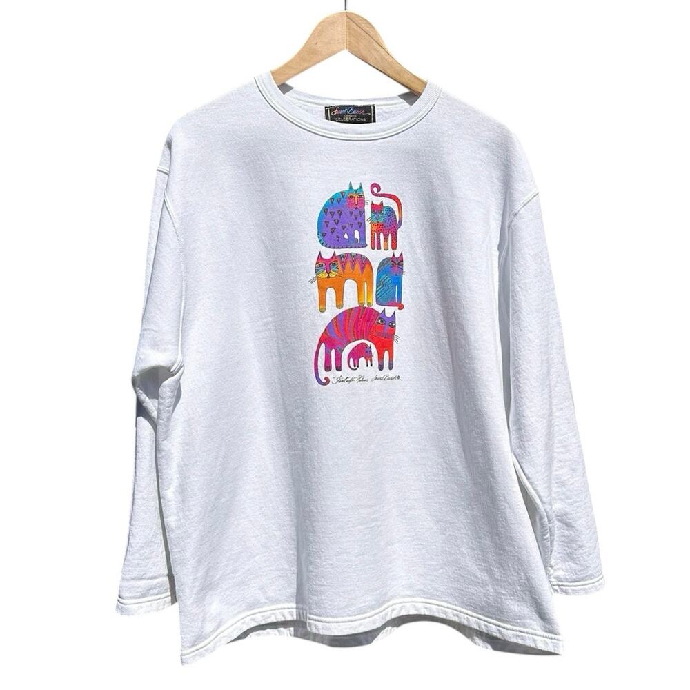 Laurel Burch Fantastic Felines Sweatshirt Sz XL Bright White Cats Artsy - Picture 9 of 9